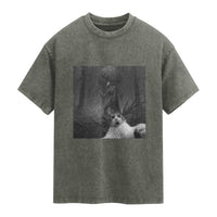 Cat Selfie With Wendigo Washed Cotton T-Shirt Horror Halloween Funny Cat Gifts