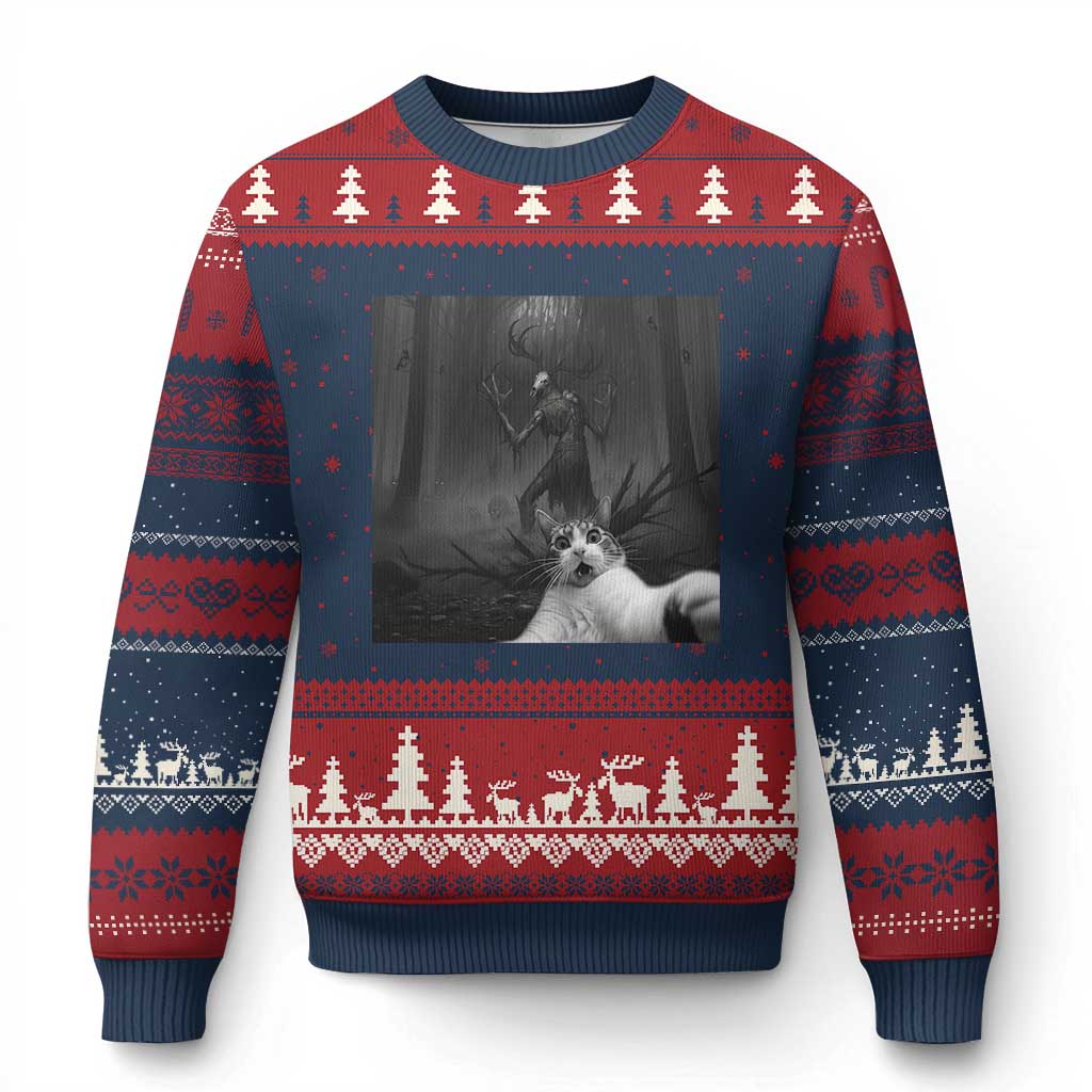Cat Selfie With Wendigo Ugly Christmas Sweater Horror Halloween Funny Cat Gifts