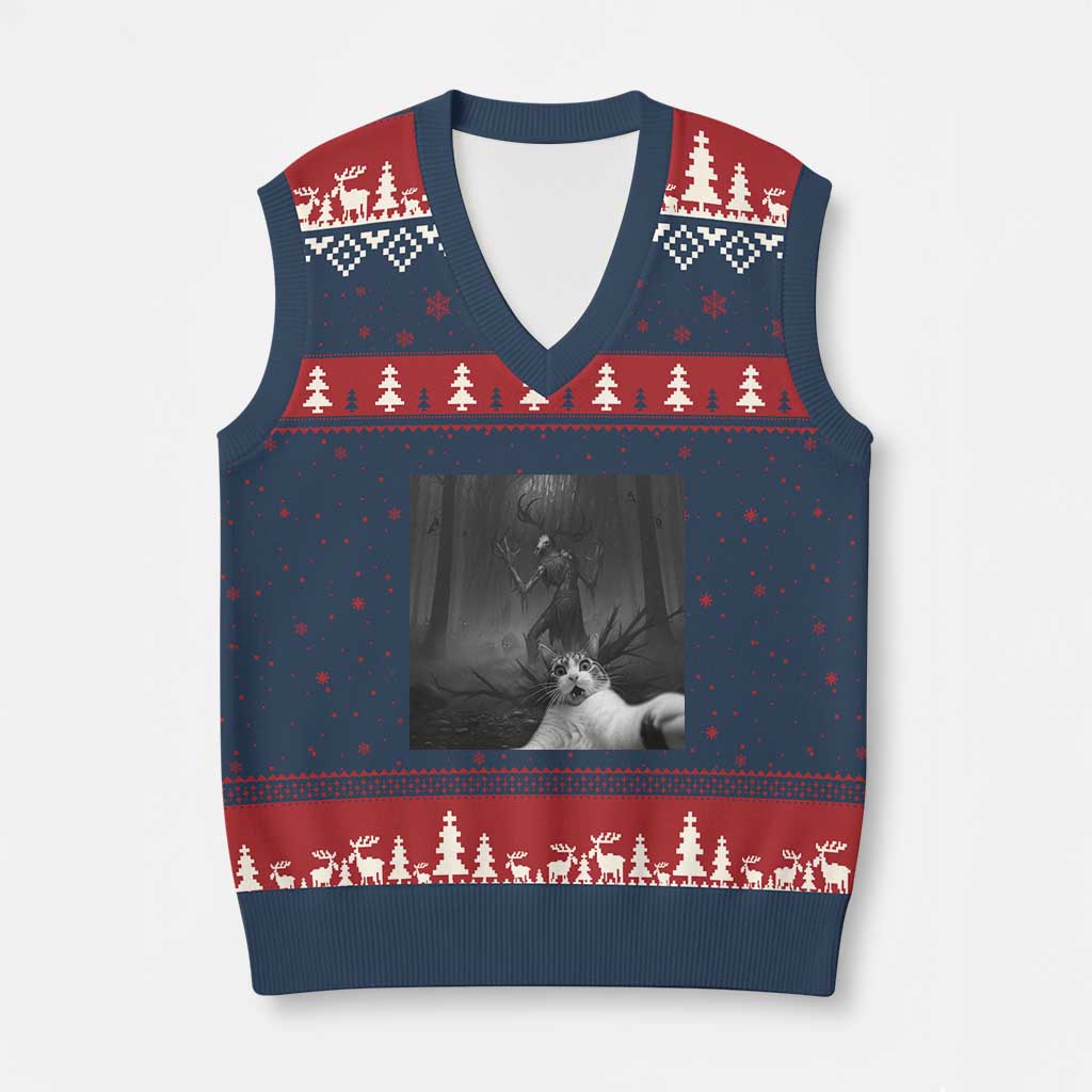 Cat Selfie With Wendigo V-Neck Knit Sweater Vest Horror Halloween Funny Cat Gifts