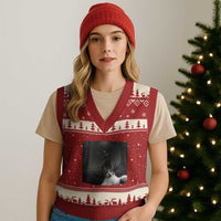 Cat Selfie With Wendigo V-Neck Knit Sweater Vest Horror Halloween Funny Cat Gifts