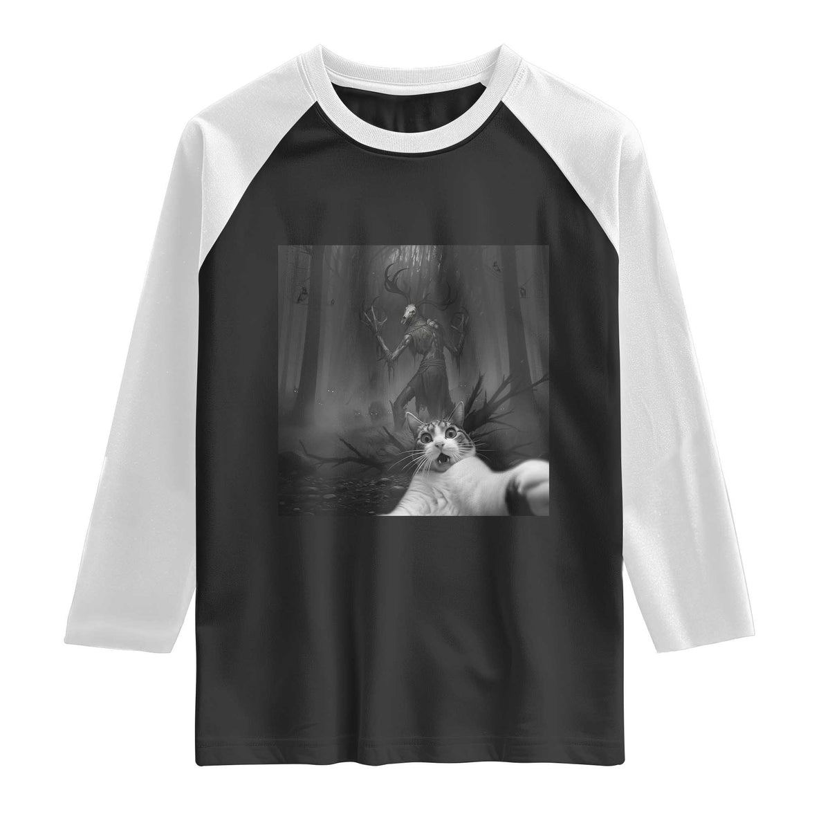 Cat Selfie With Wendigo Raglan Shirt Horror Halloween Funny Cat Gifts