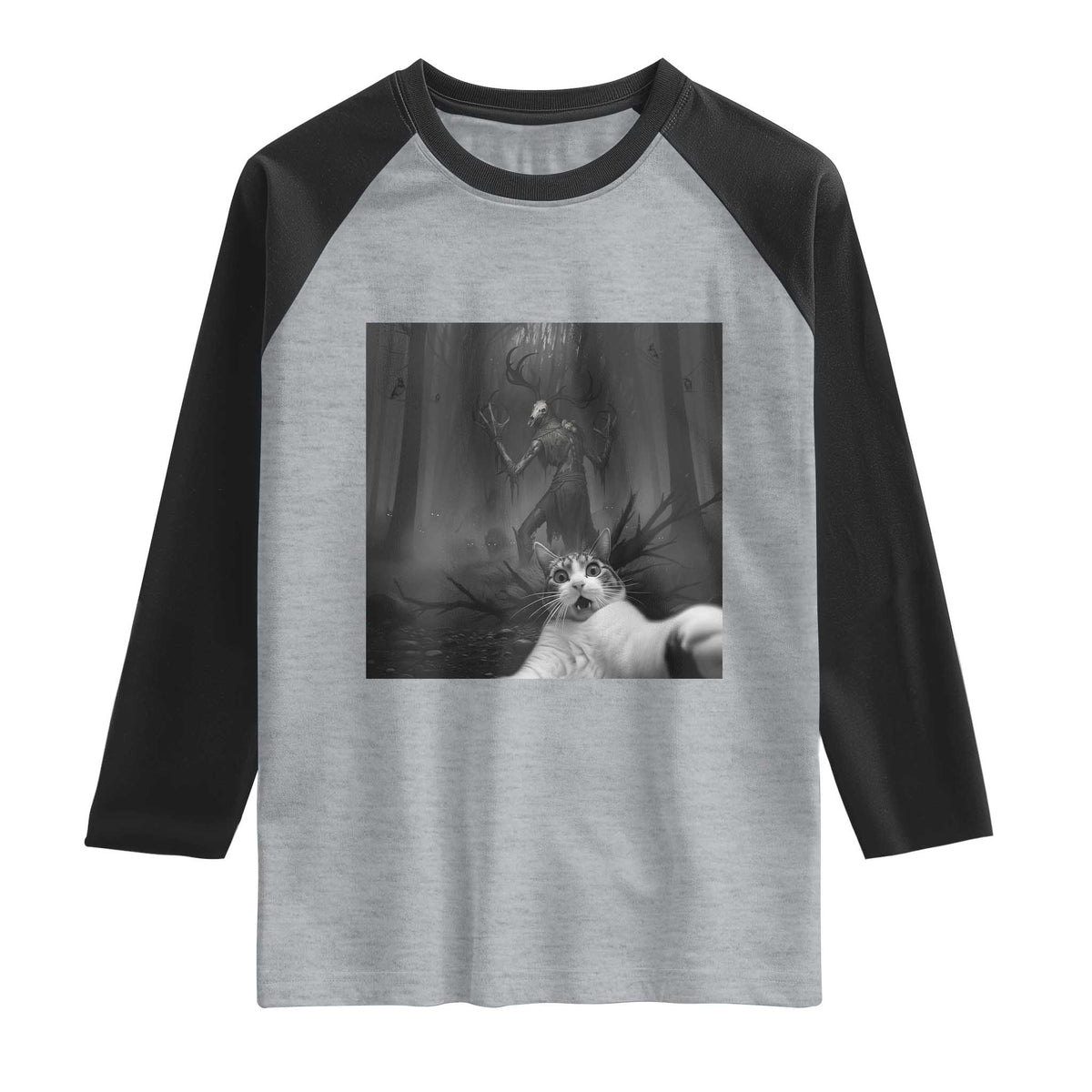 Cat Selfie With Wendigo Raglan Shirt Horror Halloween Funny Cat Gifts