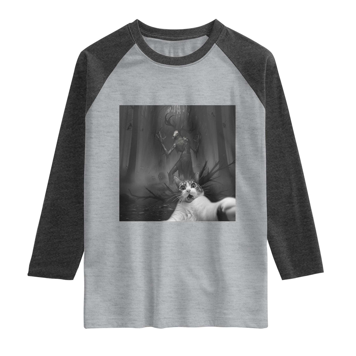 Cat Selfie With Wendigo Raglan Shirt Horror Halloween Funny Cat Gifts