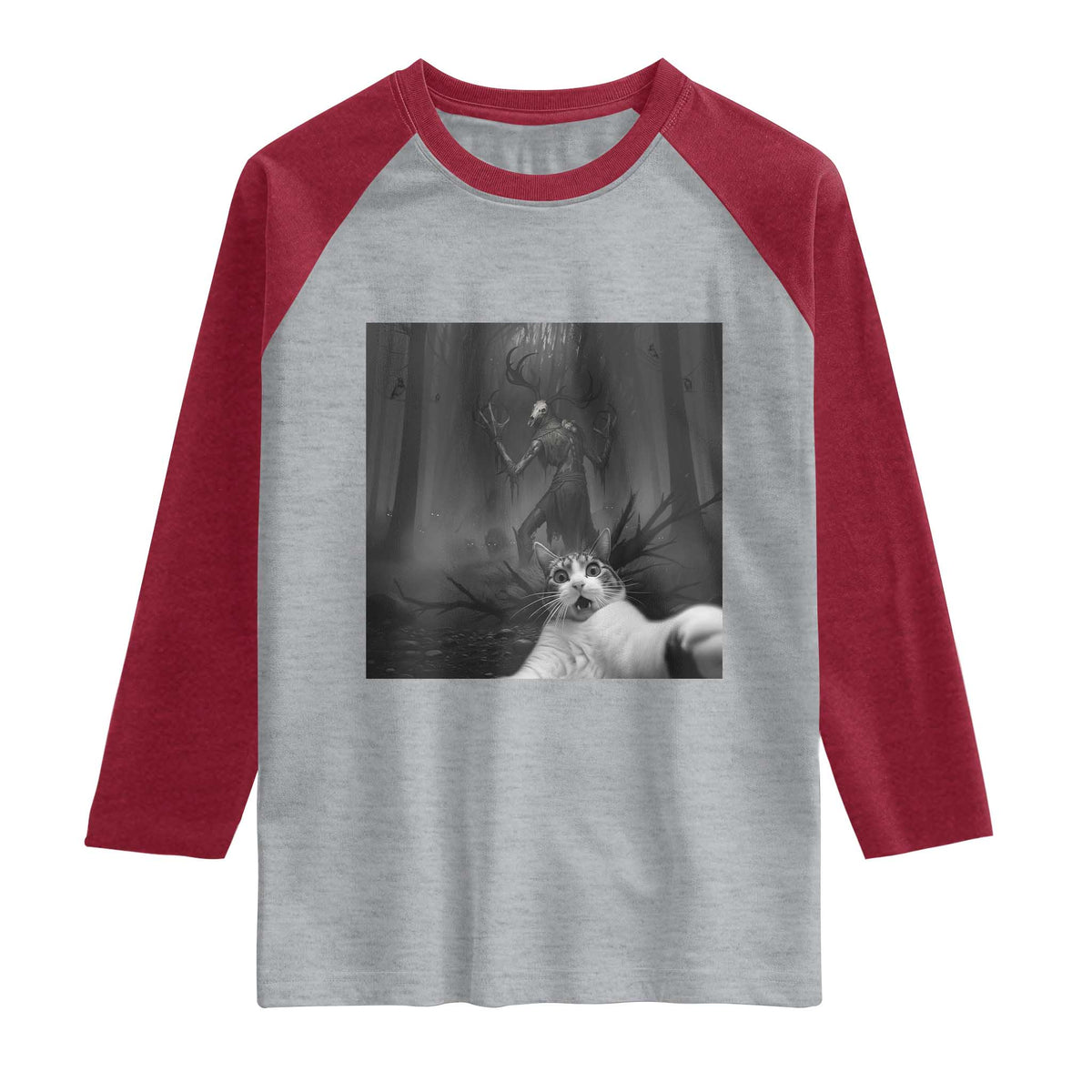 Cat Selfie With Wendigo Raglan Shirt Horror Halloween Funny Cat Gifts