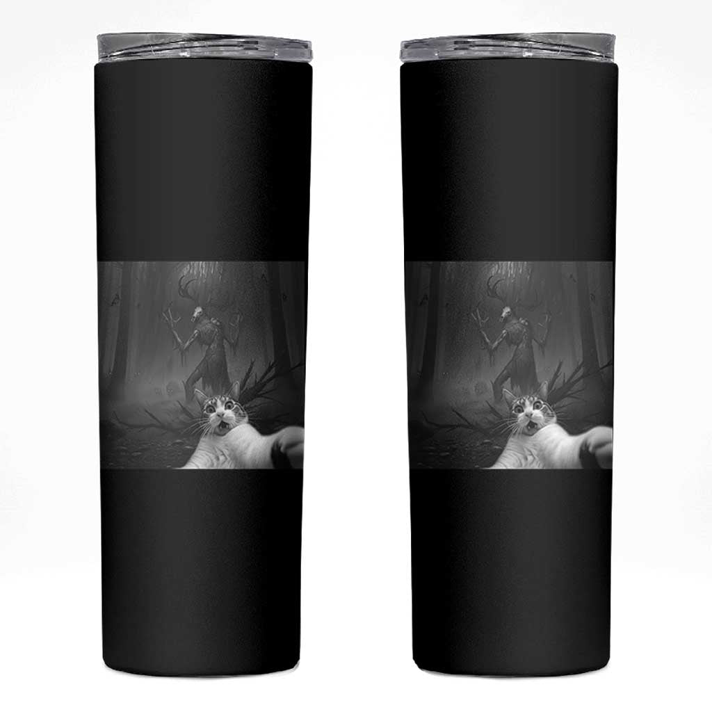 Cat Selfie With Wendigo Skinny Tumbler Horror Halloween Funny Cat Gifts