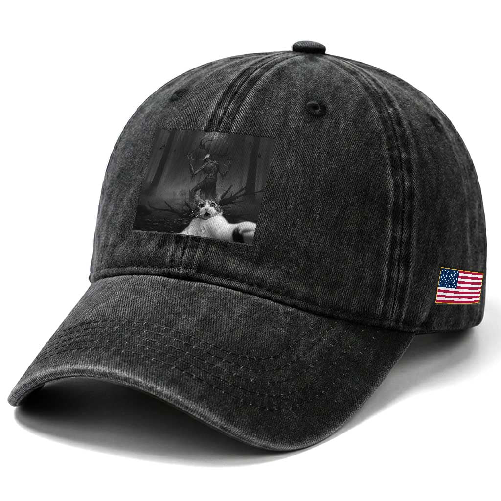 Cat Selfie With Wendigo Washed Cotton Baseball Cap Horror Halloween Funny Cat Gifts