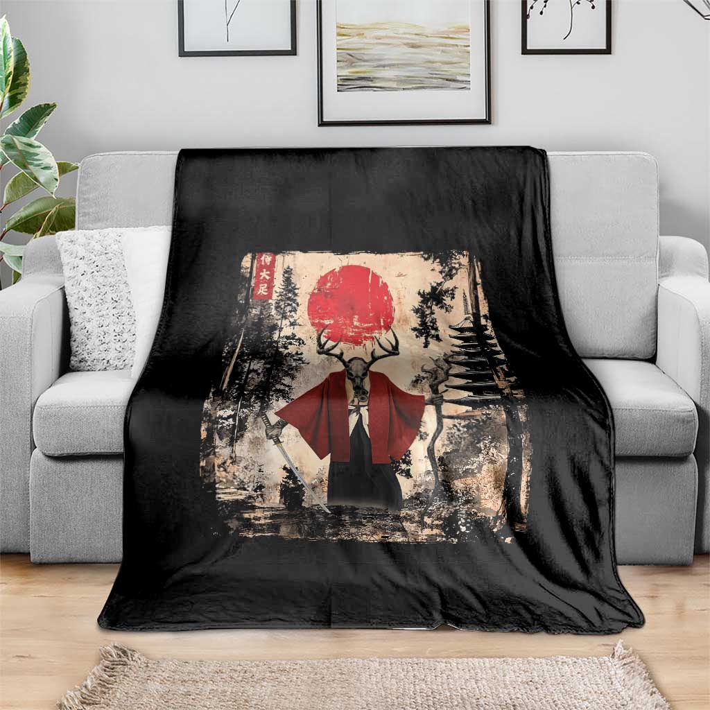 Samurai Wendigo Throw Blanket Japanese Vintage Graphic Ukiyo-e Art Funny Dark Fantasy - Wonder Print Shop