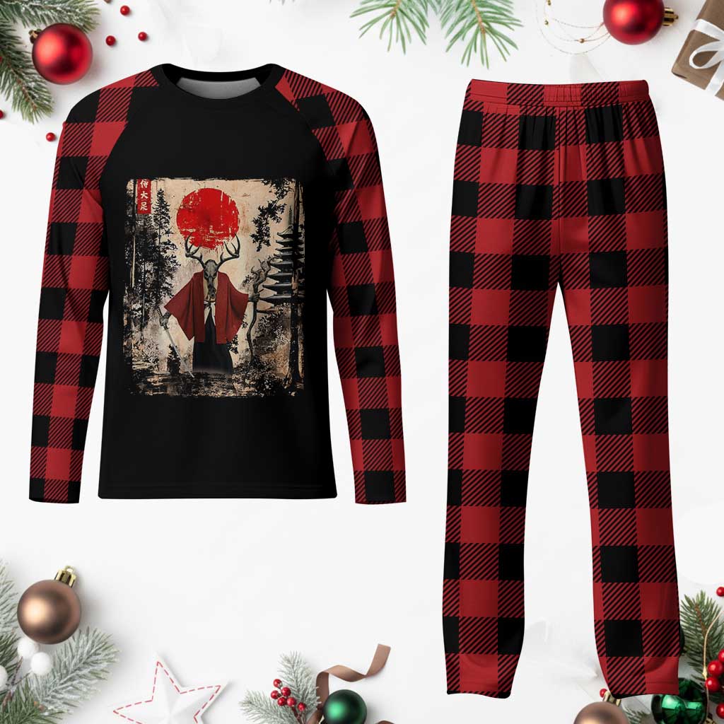 Samurai Wendigo Plaid Pajama Set Japanese Vintage Graphic Ukiyo-e Art Funny Dark Fantasy - Wonder Print Shop