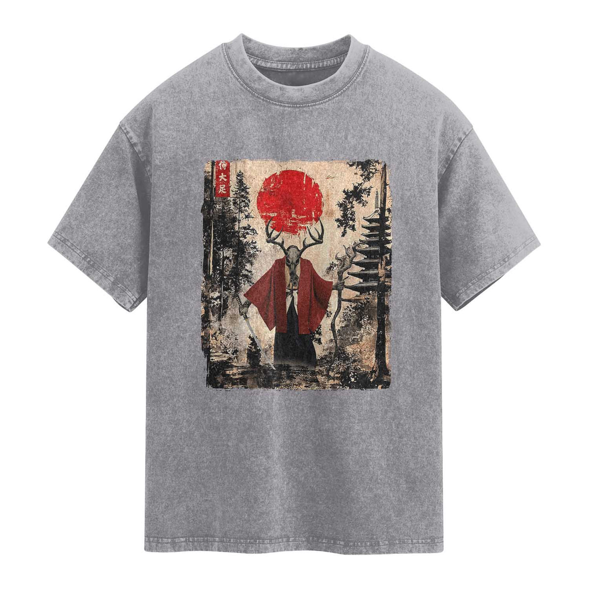 Samurai Wendigo Washed Cotton T-Shirt Japanese Vintage Graphic Ukiyo-e Art Funny Dark Fantasy