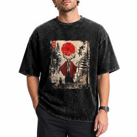 Samurai Wendigo Washed Cotton T-Shirt Japanese Vintage Graphic Ukiyo-e Art Funny Dark Fantasy