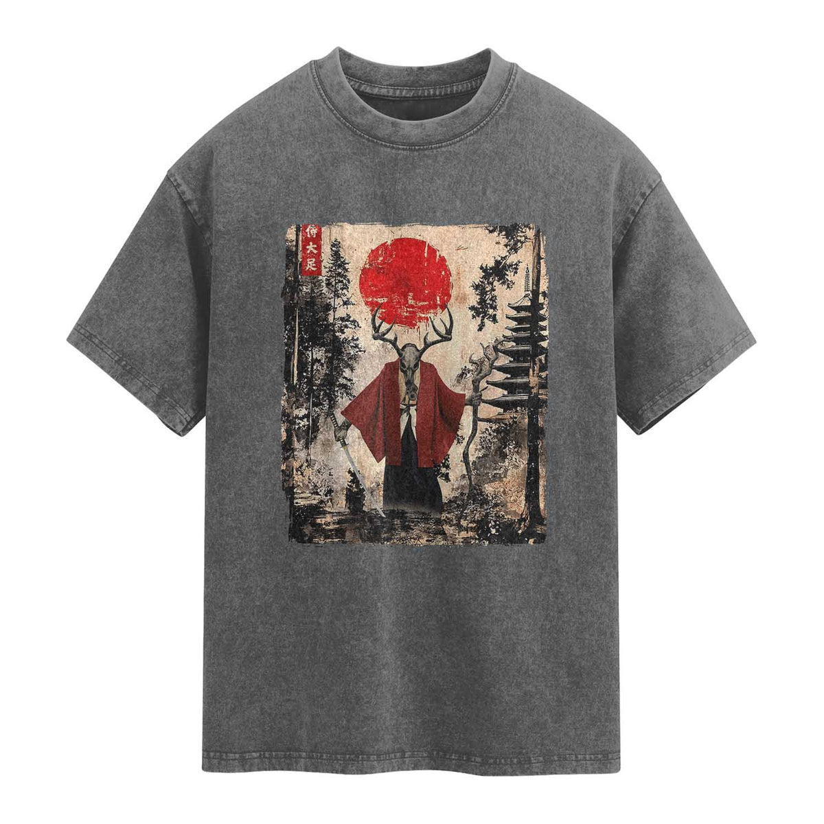 Samurai Wendigo Washed Cotton T-Shirt Japanese Vintage Graphic Ukiyo-e Art Funny Dark Fantasy