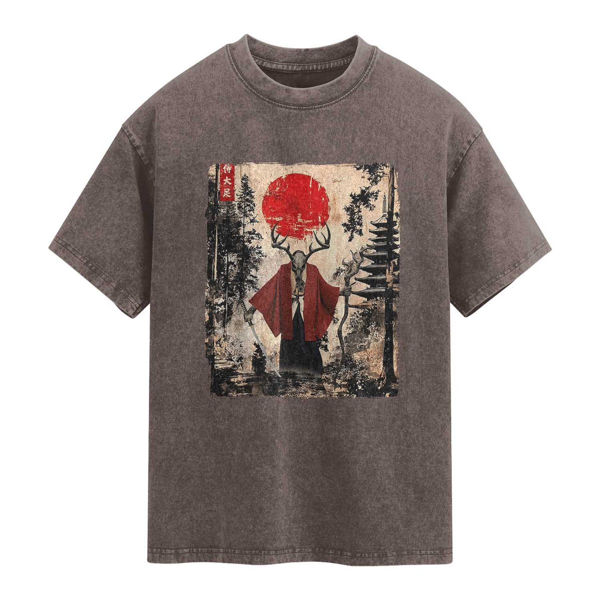 Samurai Wendigo Washed Cotton T-Shirt Japanese Vintage Graphic Ukiyo-e Art Funny Dark Fantasy
