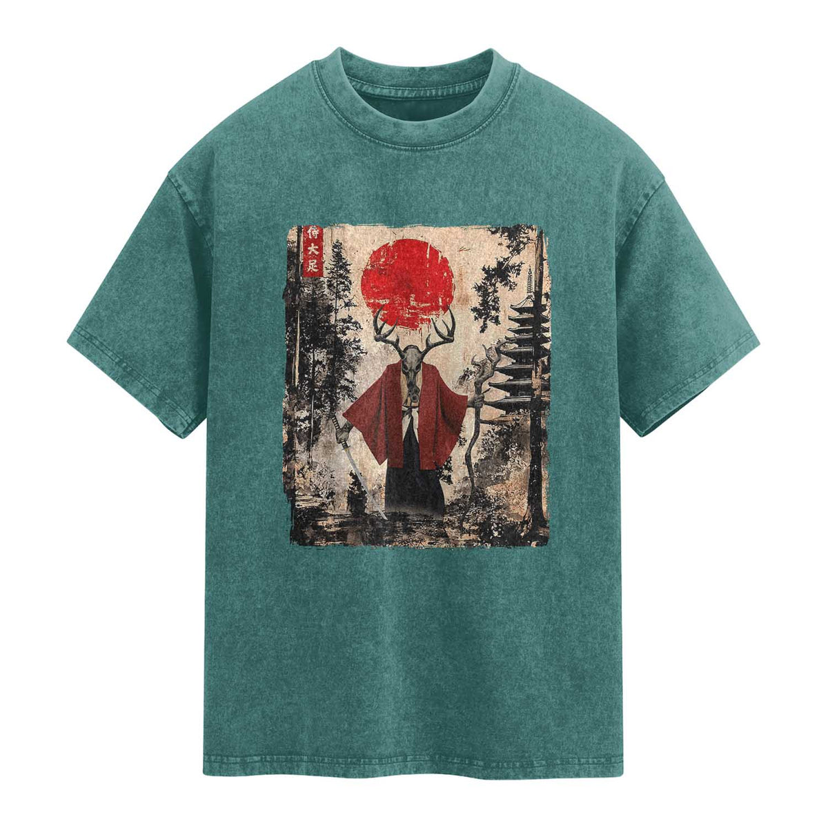 Samurai Wendigo Washed Cotton T-Shirt Japanese Vintage Graphic Ukiyo-e Art Funny Dark Fantasy