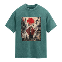 Samurai Wendigo Washed Cotton T-Shirt Japanese Vintage Graphic Ukiyo-e Art Funny Dark Fantasy