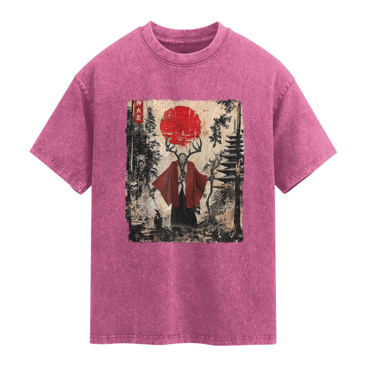 Samurai Wendigo Washed Cotton T-Shirt Japanese Vintage Graphic Ukiyo-e Art Funny Dark Fantasy
