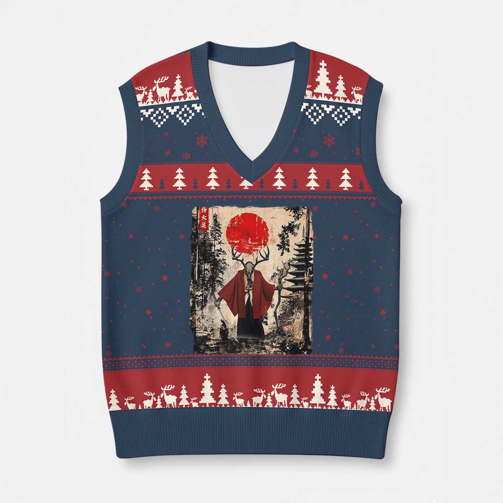 Samurai Wendigo V-Neck Knit Sweater Vest Japanese Vintage Graphic Ukiyo-e Art Funny Dark Fantasy - Wonder Print Shop