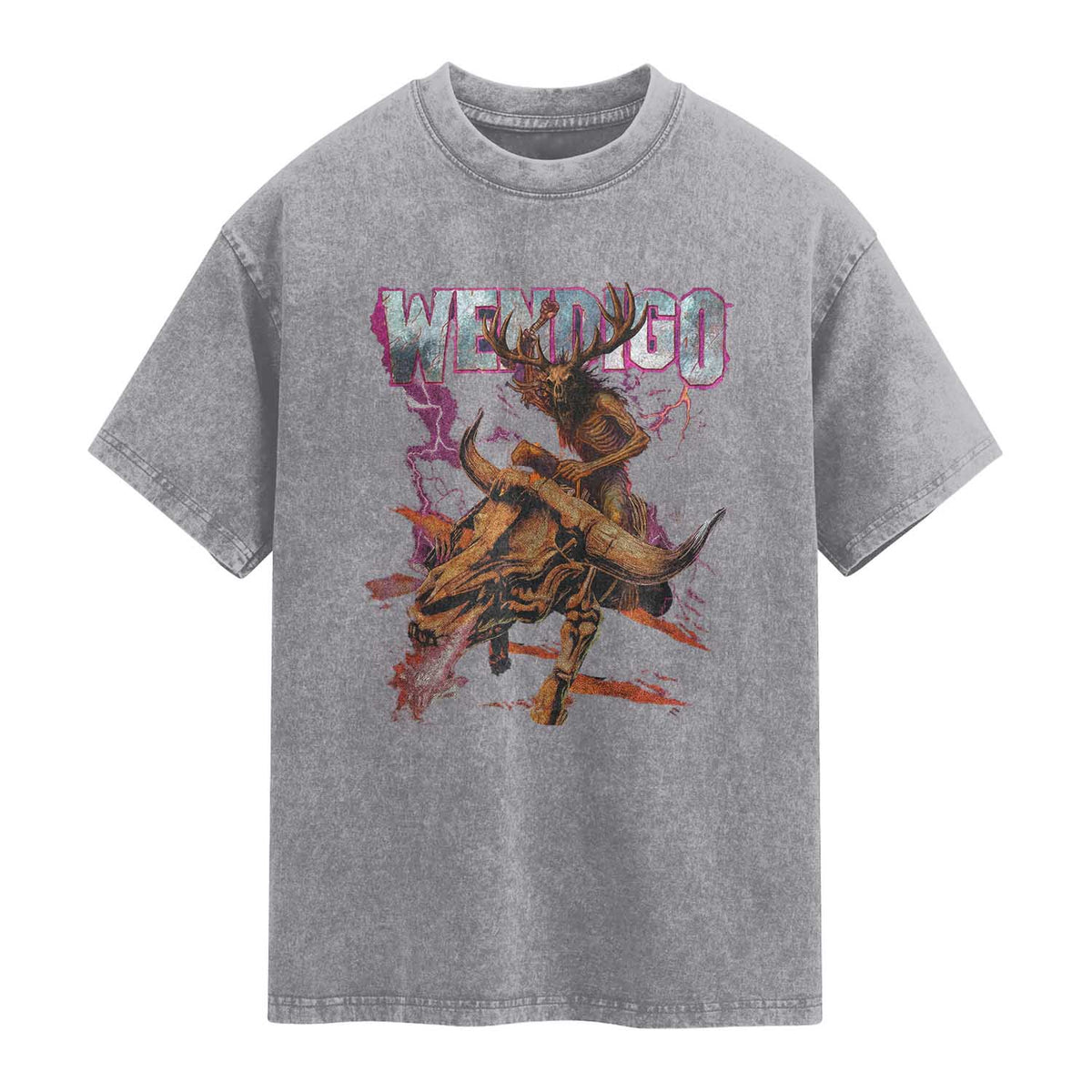 Wendigo Washed Cotton T-Shirt Riding Skeleton Cryptid Occult Dark Fantasy