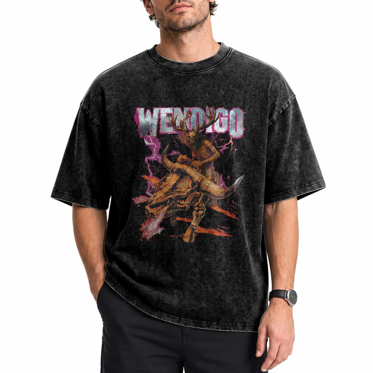 Wendigo Washed Cotton T-Shirt Riding Skeleton Cryptid Occult Dark Fantasy
