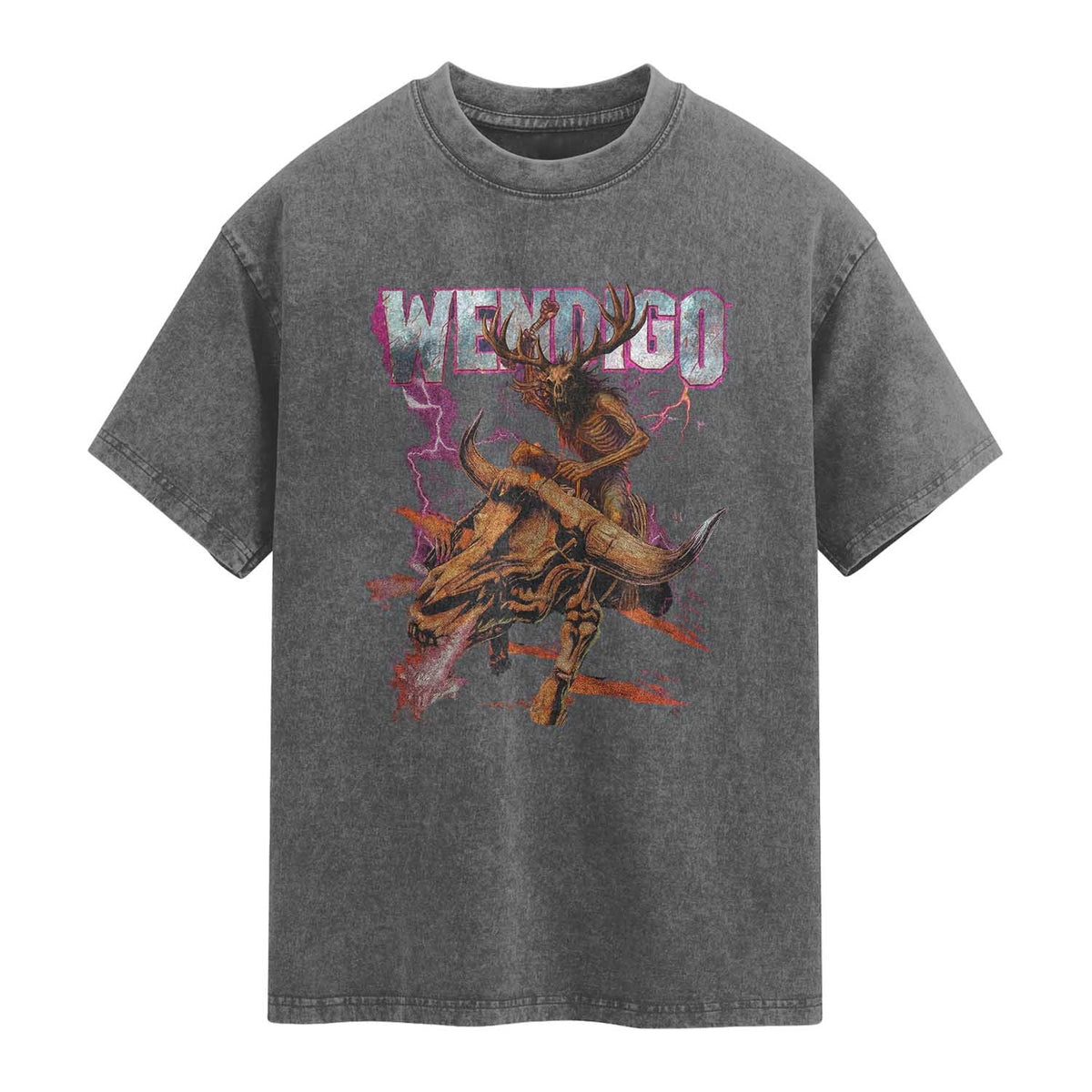 Wendigo Washed Cotton T-Shirt Riding Skeleton Cryptid Occult Dark Fantasy