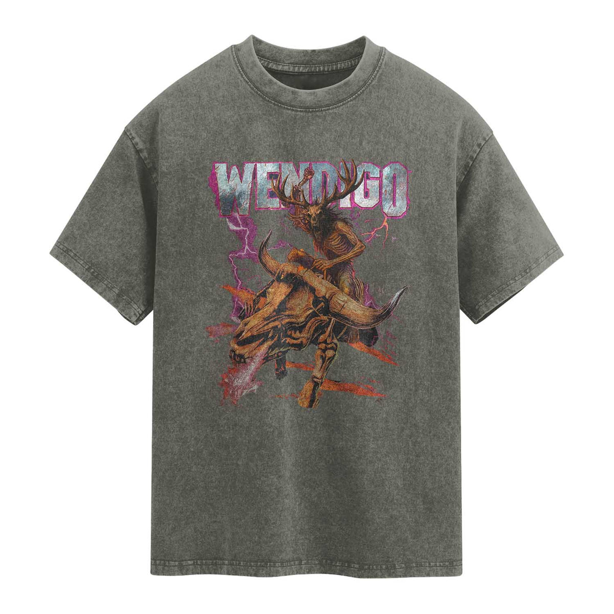 Wendigo Washed Cotton T-Shirt Riding Skeleton Cryptid Occult Dark Fantasy