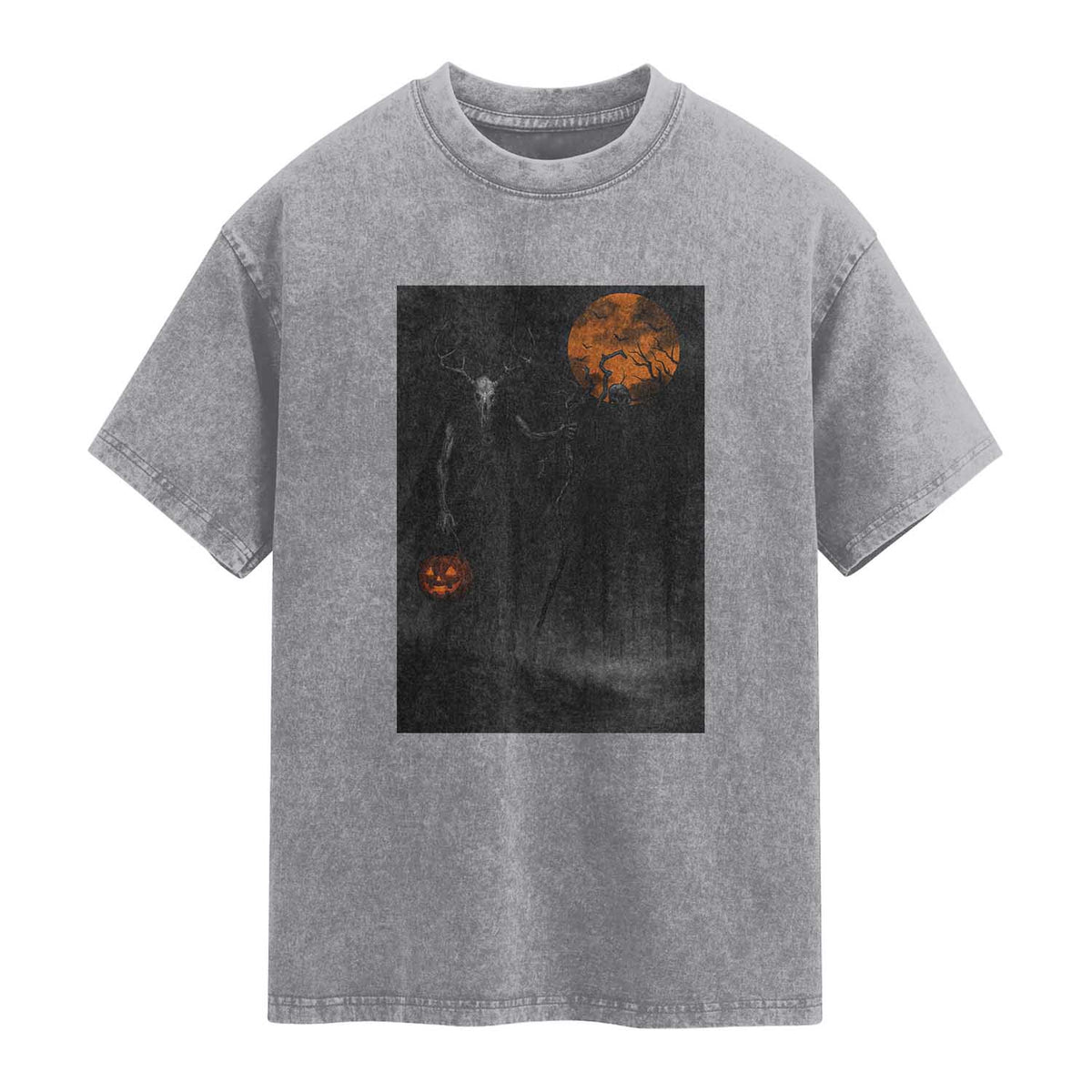 Halloween Wendigo Washed Cotton T-Shirt Scary Pumpkin Moon