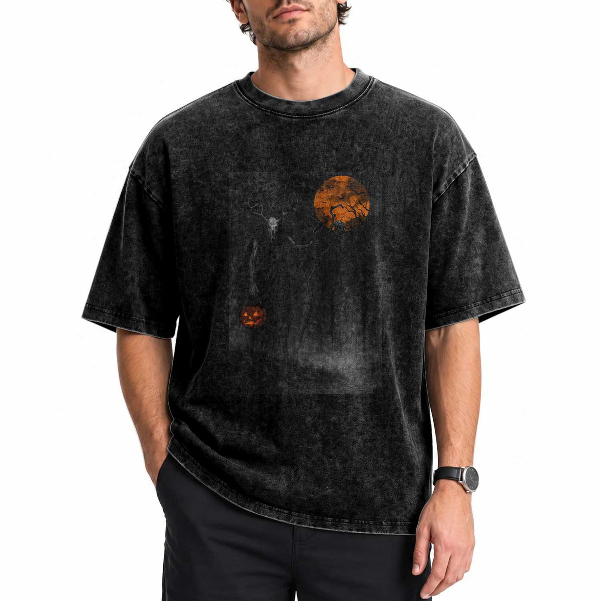 Halloween Wendigo Washed Cotton T-Shirt Scary Pumpkin Moon
