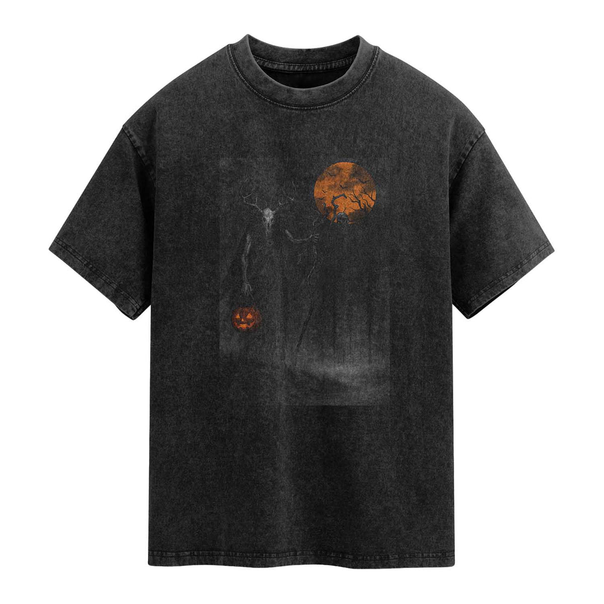 Halloween Wendigo Washed Cotton T-Shirt Scary Pumpkin Moon
