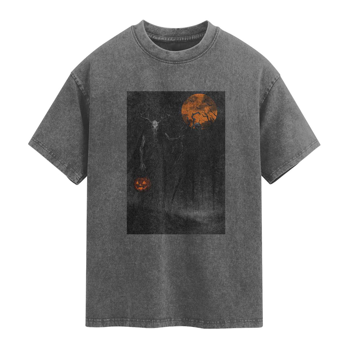 Halloween Wendigo Washed Cotton T-Shirt Scary Pumpkin Moon