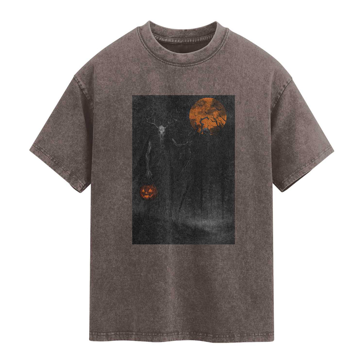 Halloween Wendigo Washed Cotton T-Shirt Scary Pumpkin Moon
