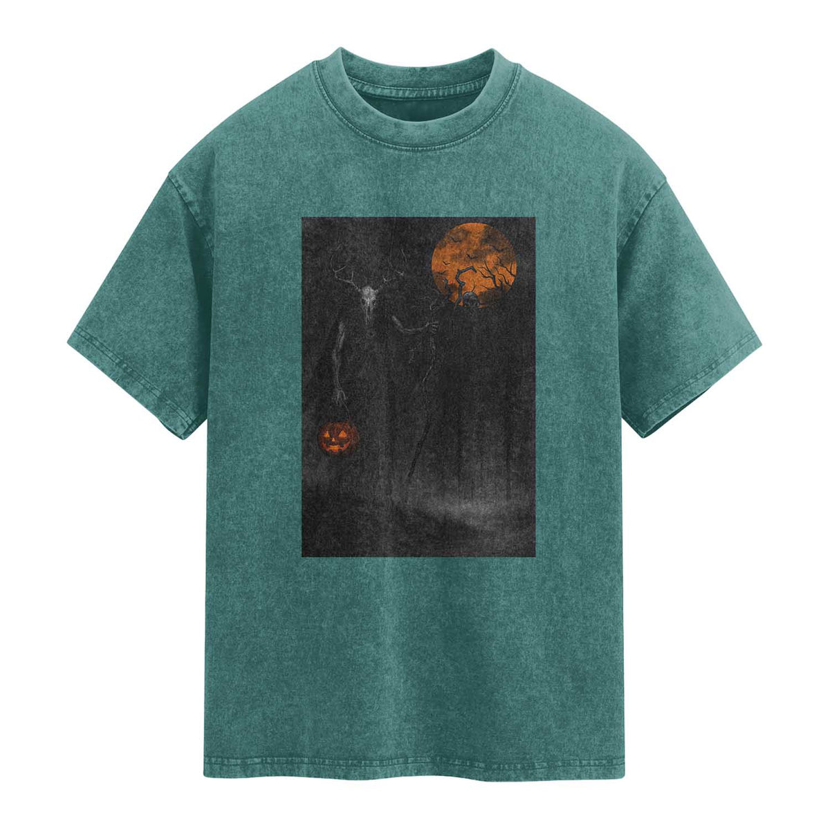 Halloween Wendigo Washed Cotton T-Shirt Scary Pumpkin Moon