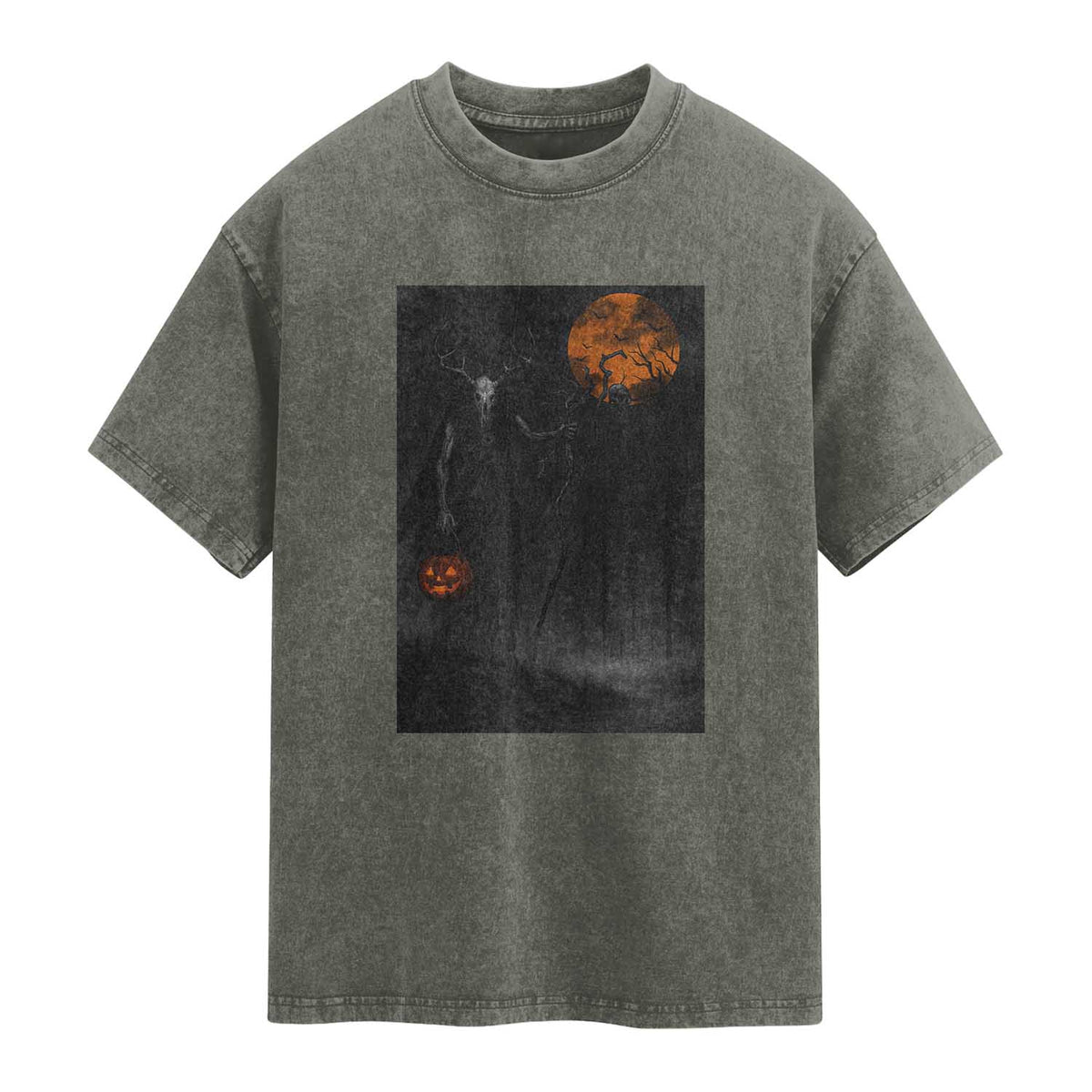 Halloween Wendigo Washed Cotton T-Shirt Scary Pumpkin Moon