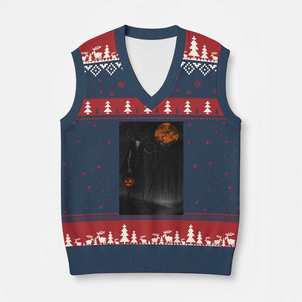 Halloween Wendigo V-Neck Knit Sweater Vest Scary Pumpkin Moon - Wonder Print Shop