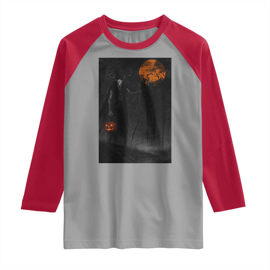 Halloween Wendigo Raglan Shirt Scary Pumpkin Moon - Wonder Print Shop