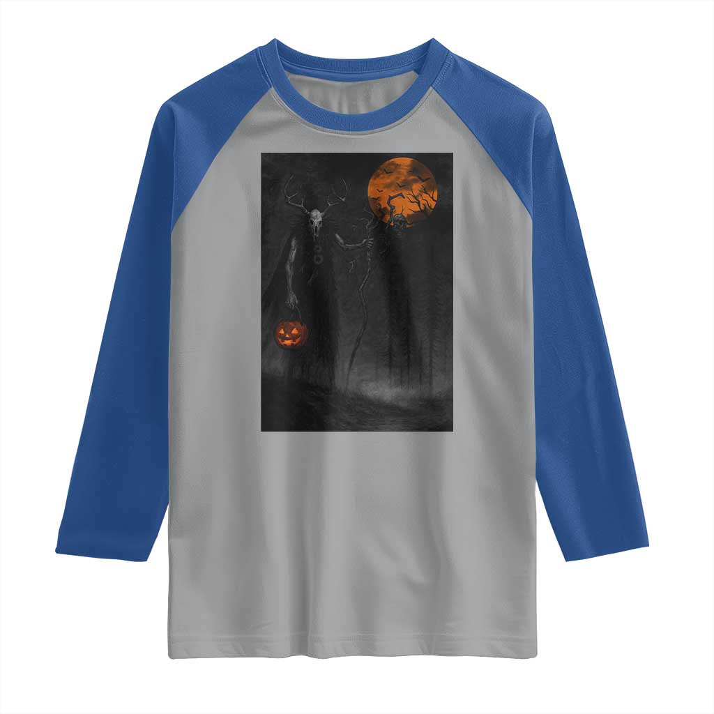 Halloween Wendigo Raglan Shirt Scary Pumpkin Moon - Wonder Print Shop
