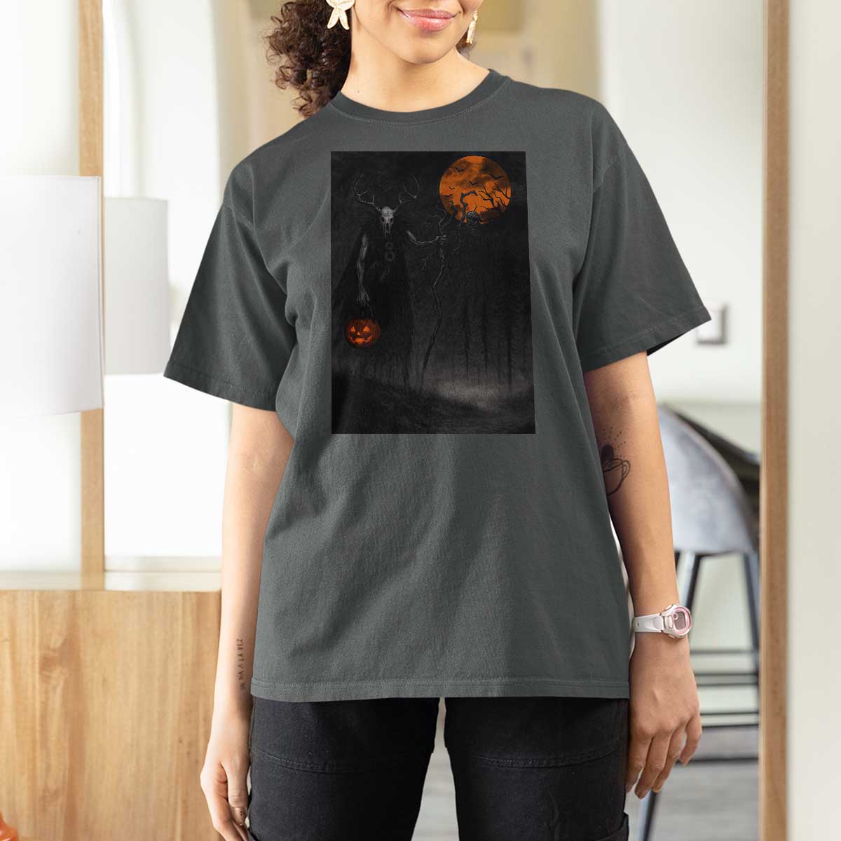 Halloween Wendigo T Shirt For Women Scary Pumpkin Moon - Wonder Print Shop