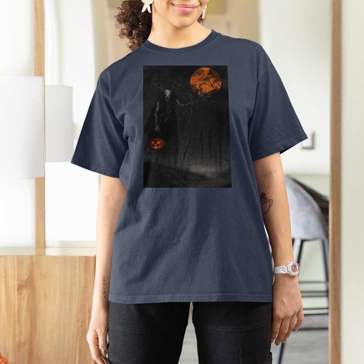 Halloween Wendigo T Shirt For Women Scary Pumpkin Moon - Wonder Print Shop