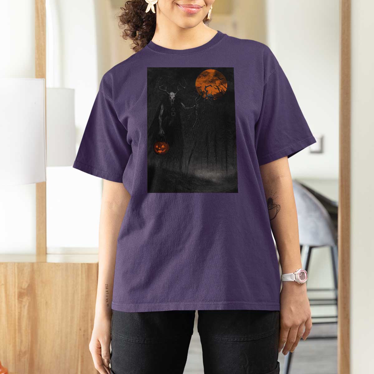 Halloween Wendigo T Shirt For Women Scary Pumpkin Moon - Wonder Print Shop
