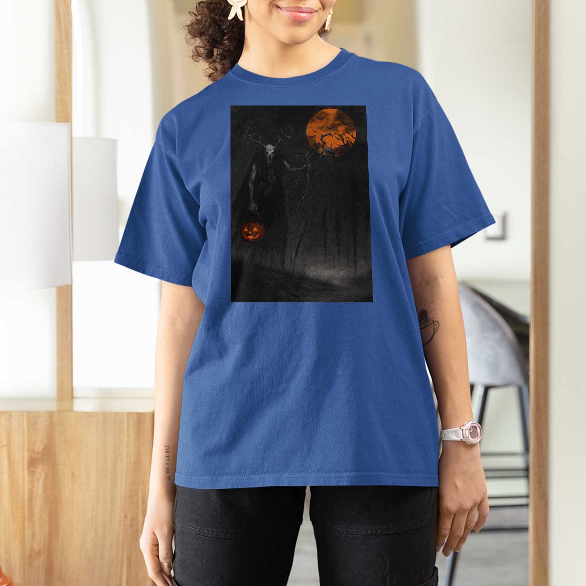 Halloween Wendigo T Shirt For Women Scary Pumpkin Moon - Wonder Print Shop