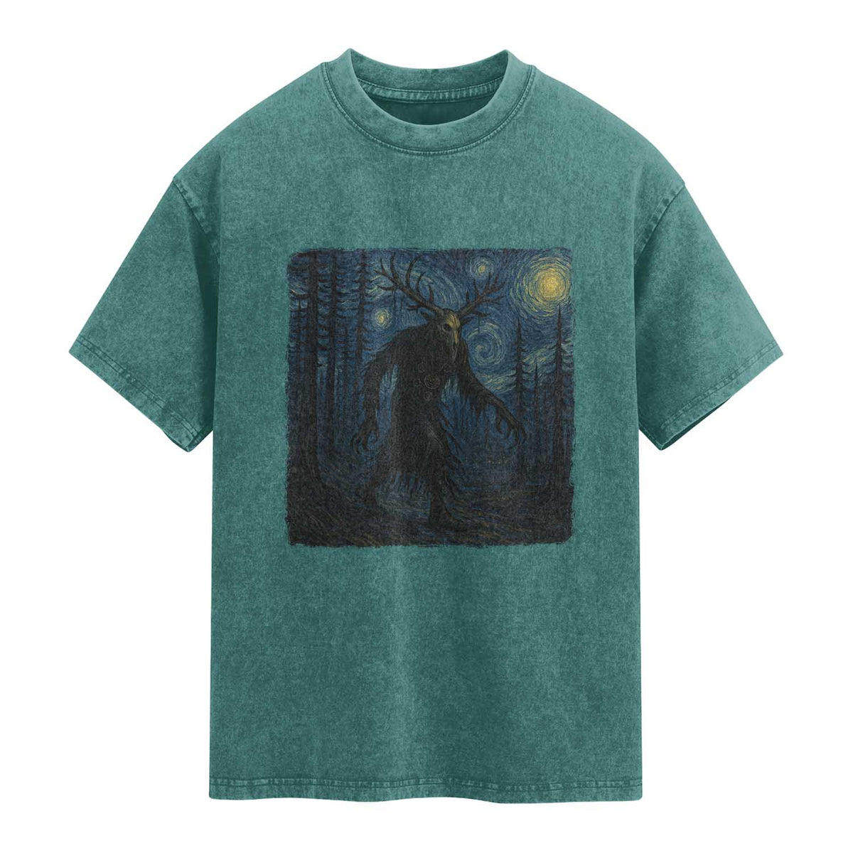 Wendigo Starry Night Washed Cotton T-Shirt Van Gogh Dark Fantasy Cryptid Lovers