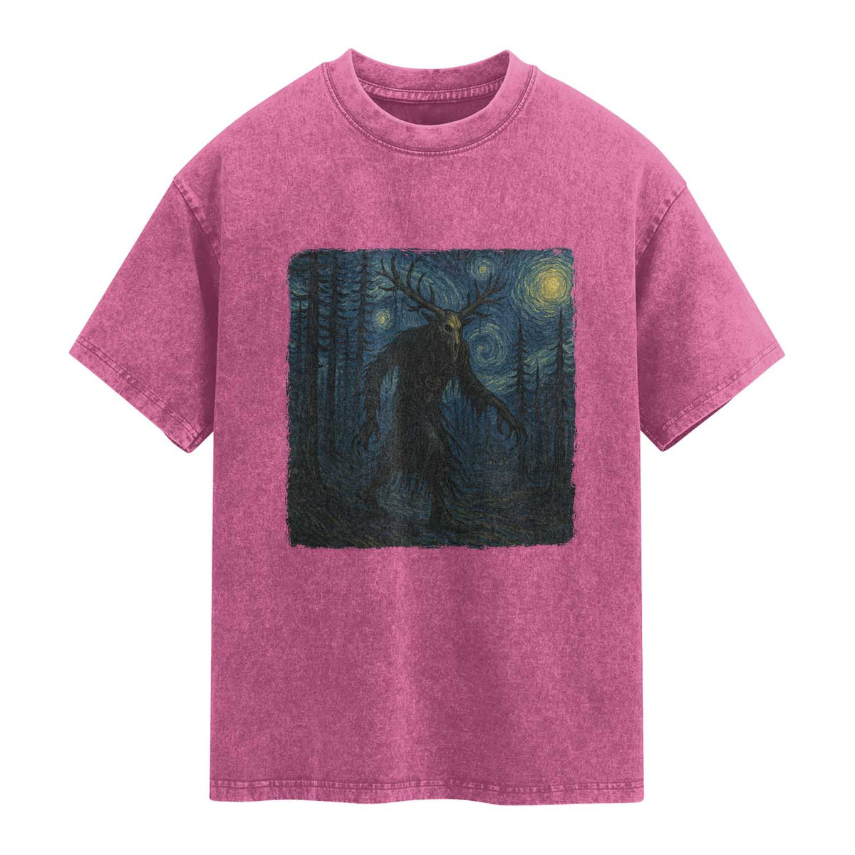 Wendigo Starry Night Washed Cotton T-Shirt Van Gogh Dark Fantasy Cryptid Lovers