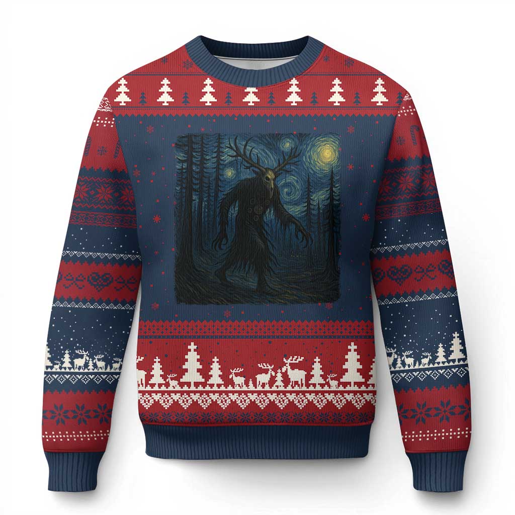 Wendigo Starry Night Ugly Christmas Sweater Van Gogh Dark Fantasy Cryptid Lovers - Wonder Print Shop