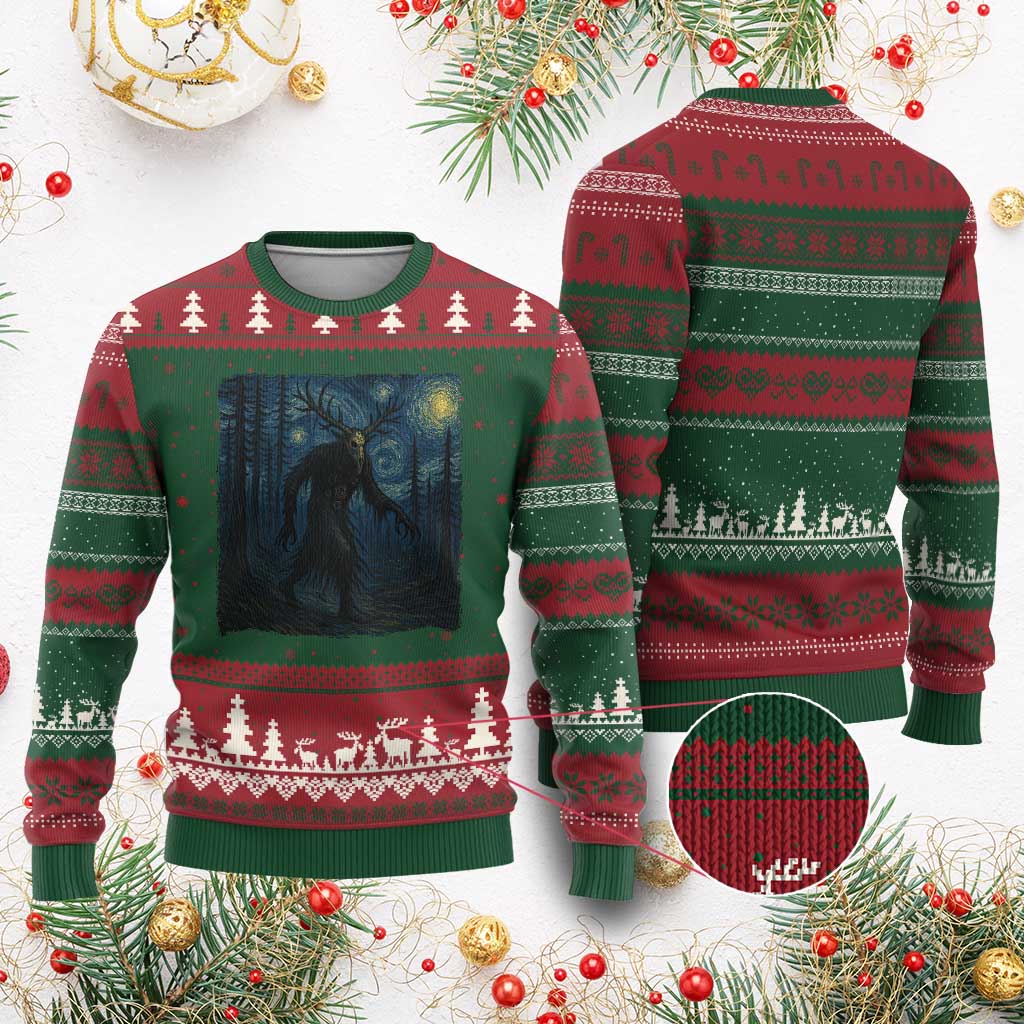 Wendigo Starry Night Ugly Christmas Sweater Van Gogh Dark Fantasy Cryptid Lovers - Wonder Print Shop