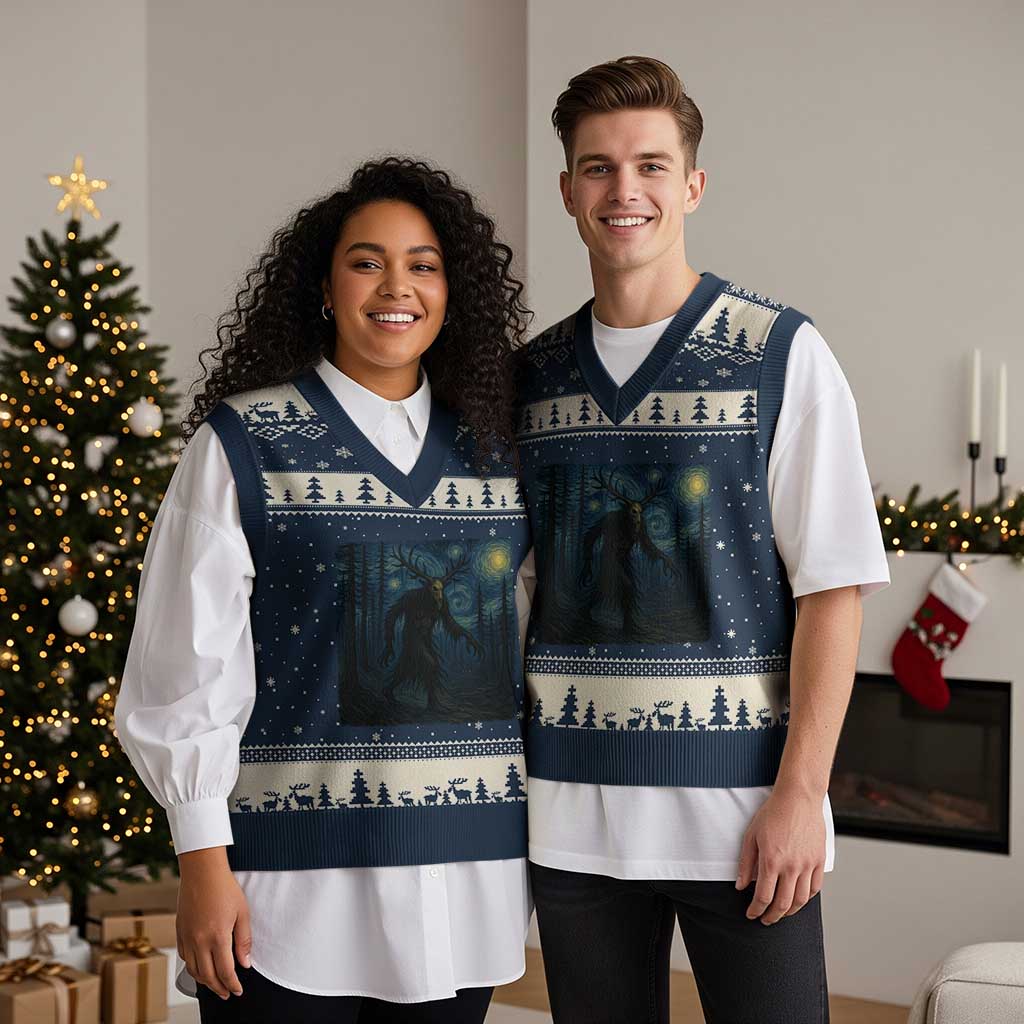 Wendigo Starry Night V-Neck Knit Sweater Vest Van Gogh Dark Fantasy Cryptid Lovers - Wonder Print Shop