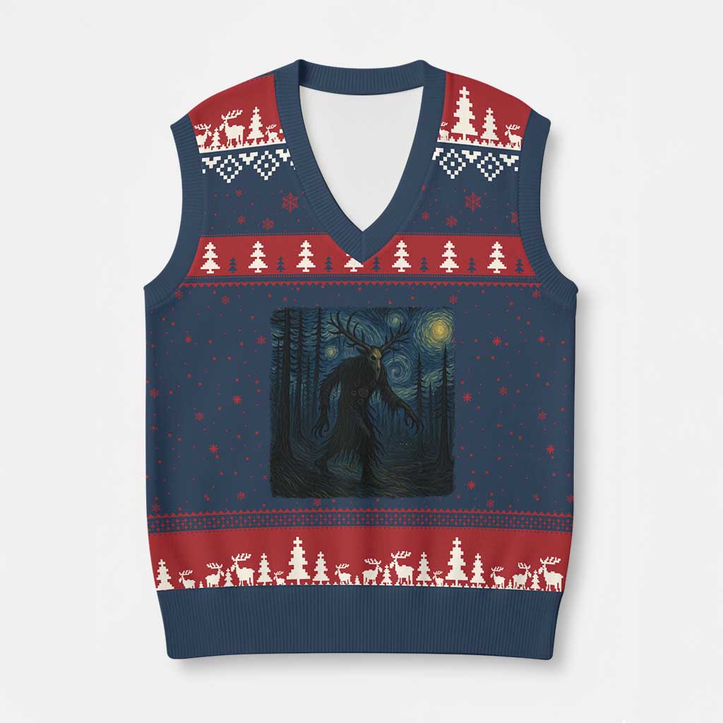 Wendigo Starry Night V-Neck Knit Sweater Vest Van Gogh Dark Fantasy Cryptid Lovers - Wonder Print Shop