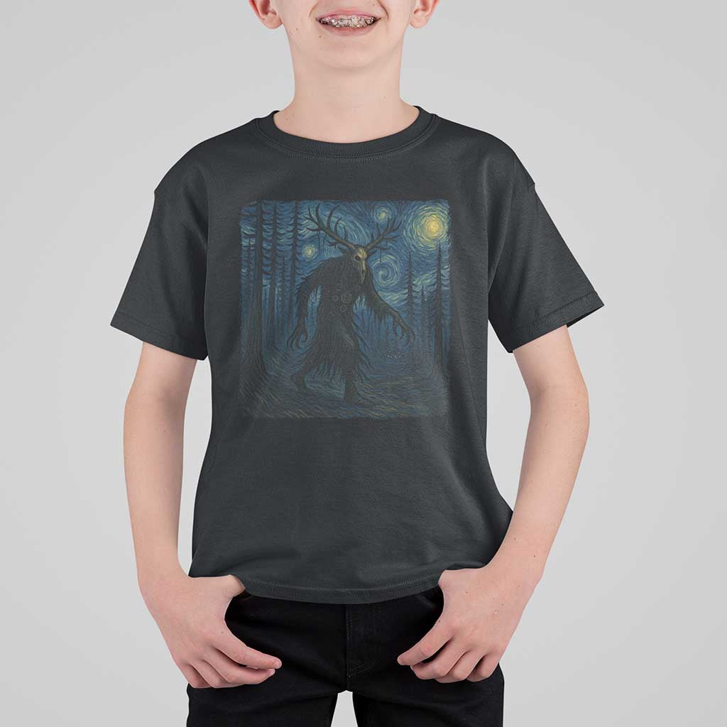 Wendigo Starry Night T Shirt For Kid Van Gogh Dark Fantasy Cryptid Lovers - Wonder Print Shop