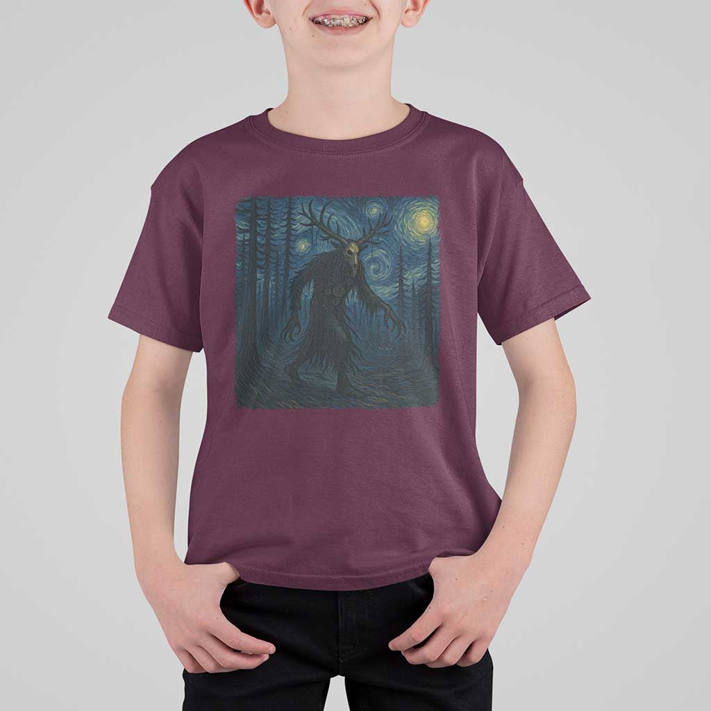 Wendigo Starry Night T Shirt For Kid Van Gogh Dark Fantasy Cryptid Lovers - Wonder Print Shop