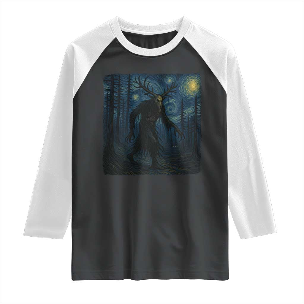 Wendigo Starry Night Raglan Shirt Van Gogh Dark Fantasy Cryptid Lovers - Wonder Print Shop