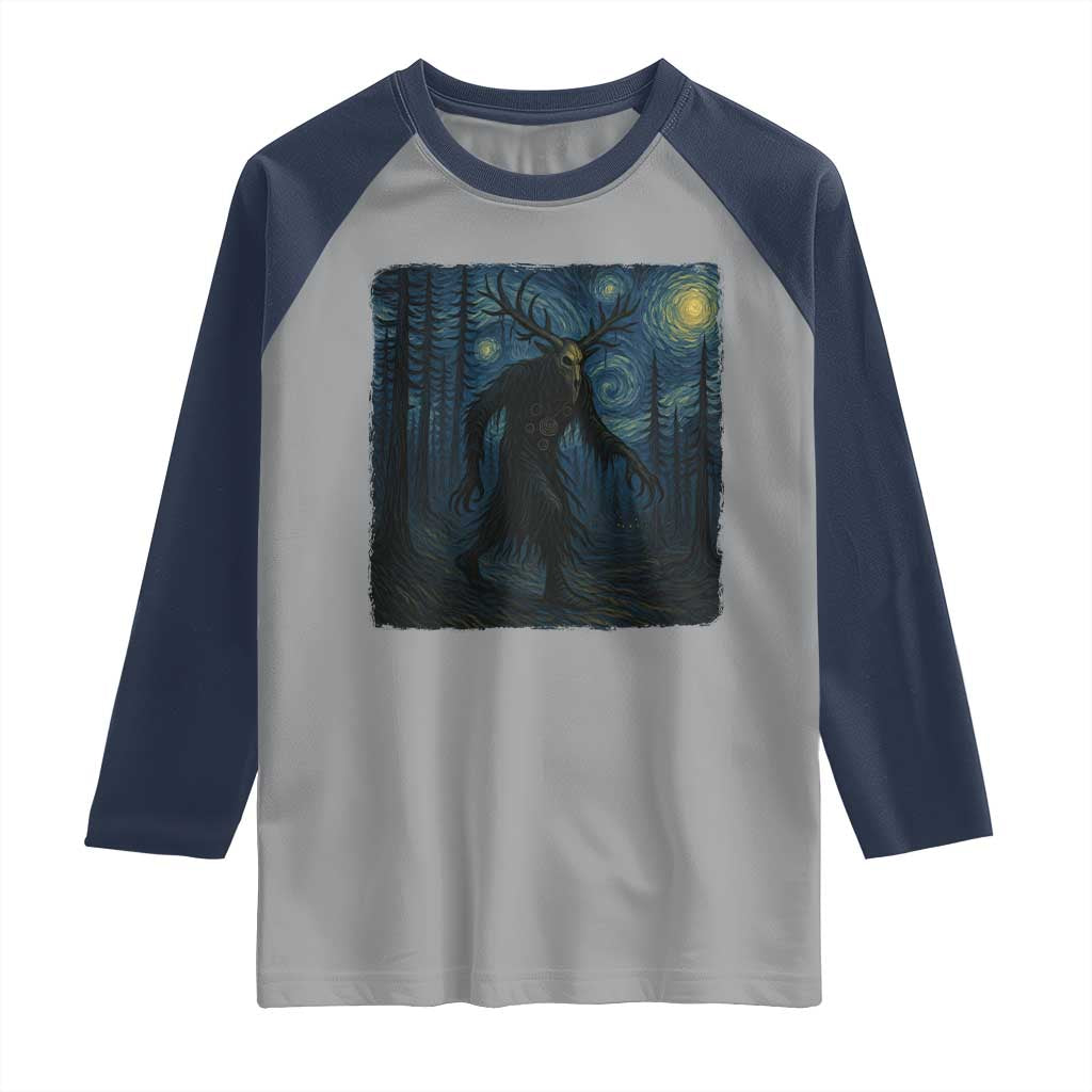 Wendigo Starry Night Raglan Shirt Van Gogh Dark Fantasy Cryptid Lovers - Wonder Print Shop