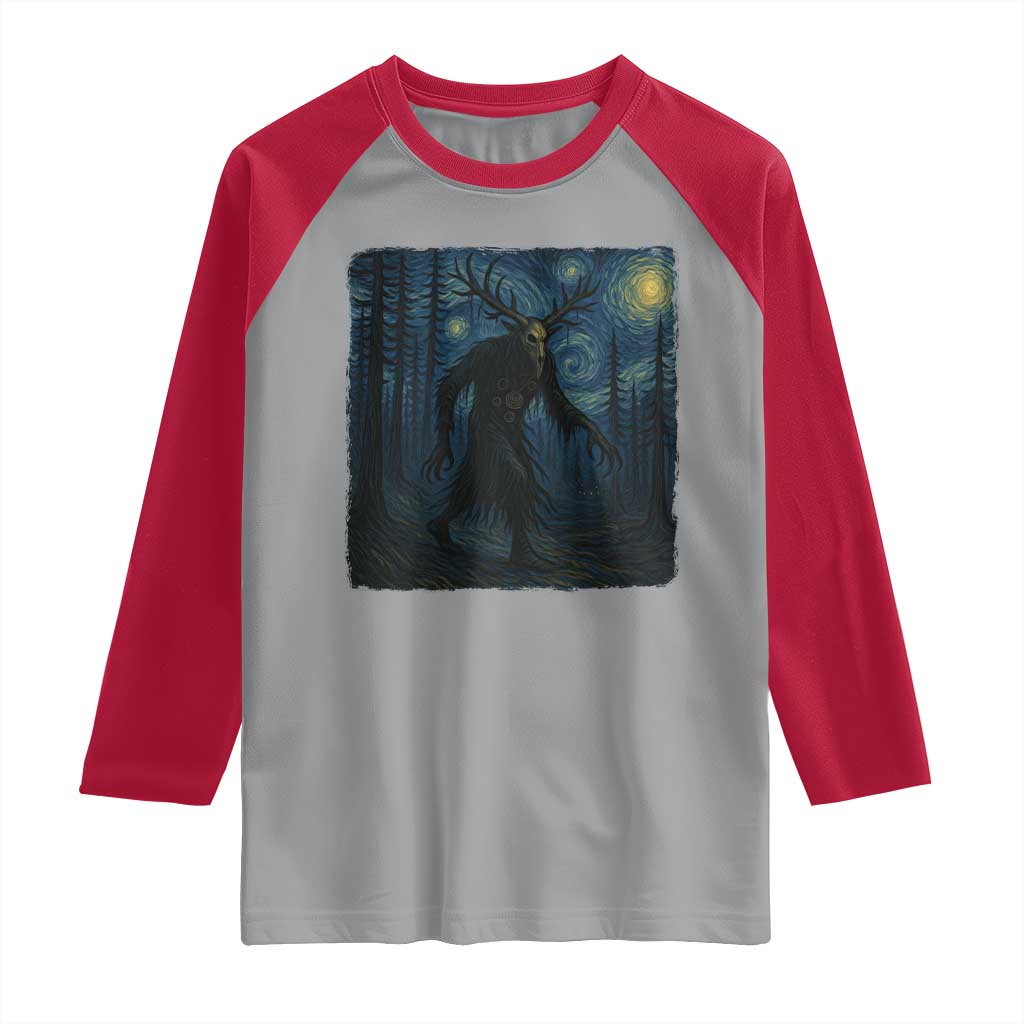 Wendigo Starry Night Raglan Shirt Van Gogh Dark Fantasy Cryptid Lovers - Wonder Print Shop