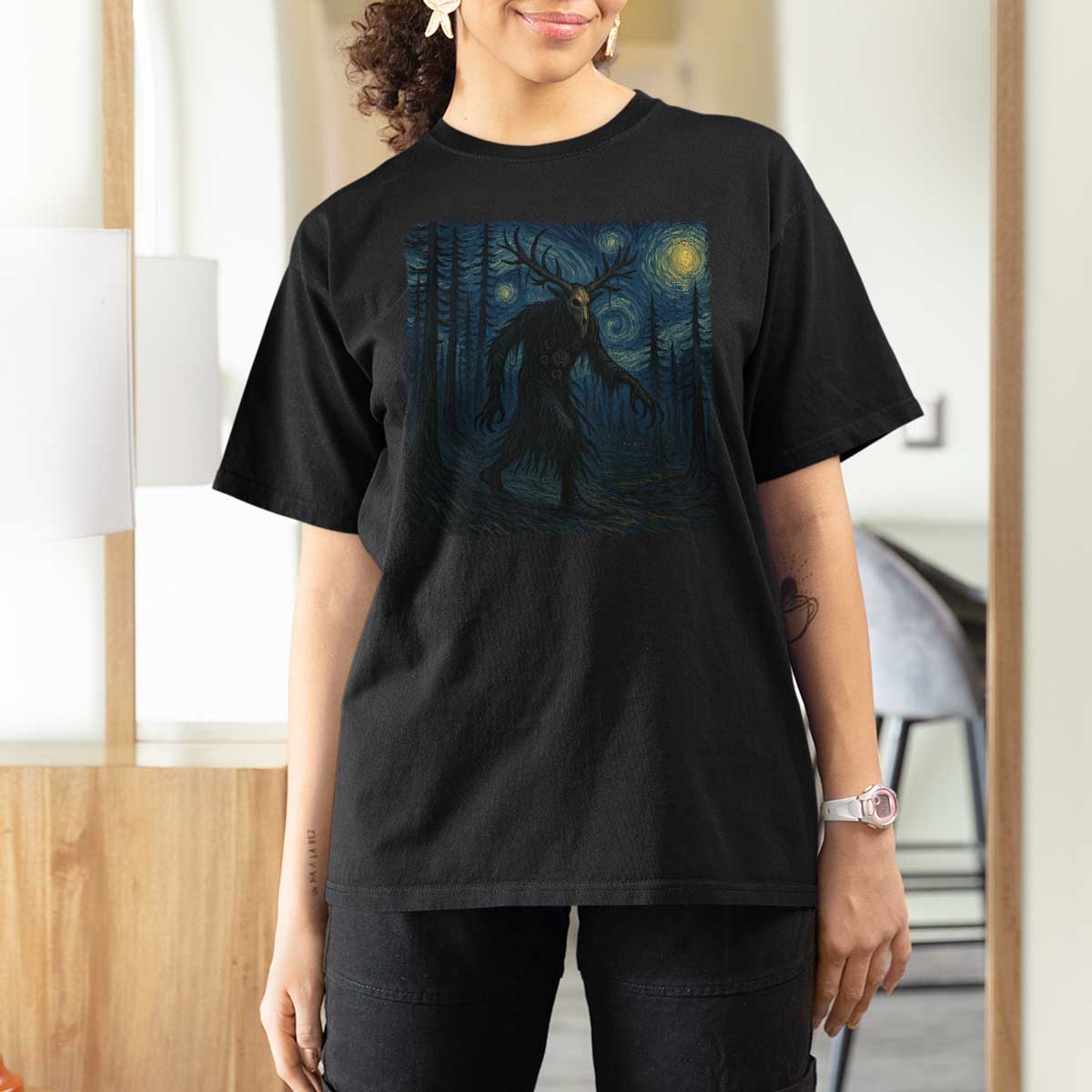 Wendigo Starry Night T Shirt For Women Van Gogh Dark Fantasy Cryptid Lovers - Wonder Print Shop